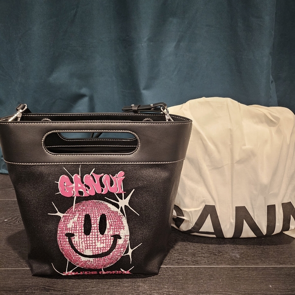 Ganni Black and Pink Smiley Shoulder Bag - Picture 1 of 2